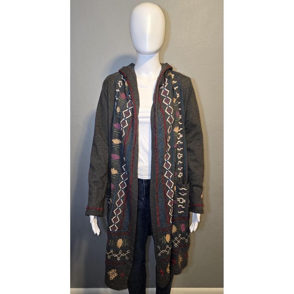 CAITE Floral Embroidered Long Open Duster Cardigan Boho Chic Hooded Pockets Sz S